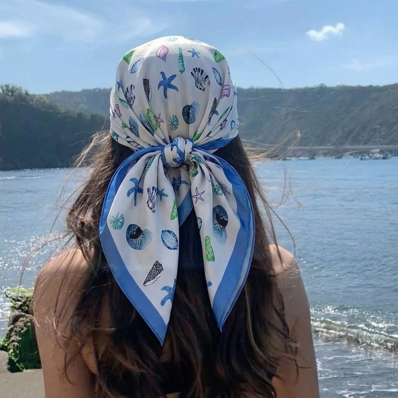 Silk Neck Scarf - Women Silk Feeling Square Scarf Ocean