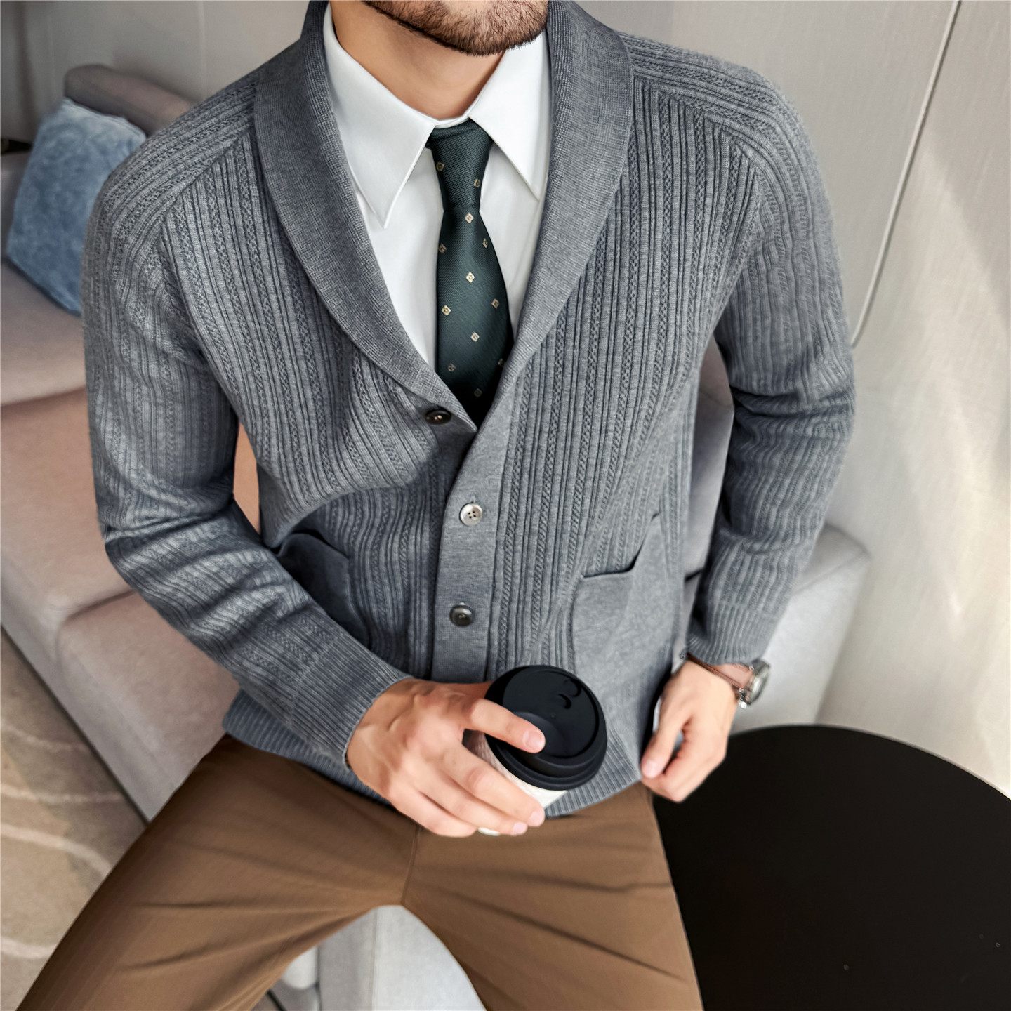 Men's Shawl Collar Knit Cardig - Muffler Men Wool บทวิจารณ์และราคา