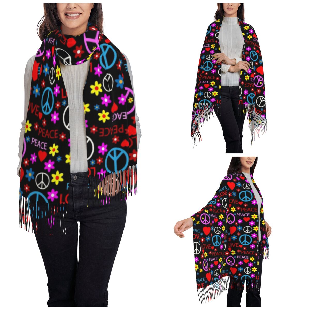 Peace Foral Love Pattern Scarf - Pashmina Wrap Large บทวิจารณ์และราคา