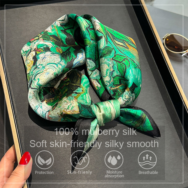 100% Silk Scarf Bandana Women  - Scarf Silk Square บทวิจารณ์และราคา
